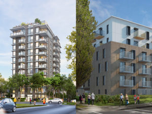 Side-by-side artist renderings of Alice Saunders and Mount Pleasant redevelopment buildings