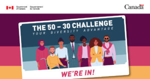 Illustrated image depicting people of diverse background and ability. Text reads "The 50 30 challenge, your diversity advantage. We're In!