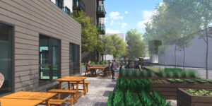 Architectural rendering of picnic tables and community garden outside apartment building