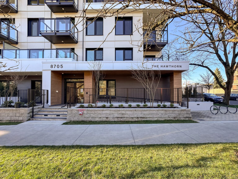 Exterior of newly constructed apartment building entry area